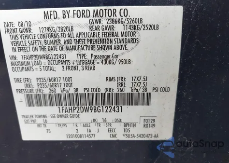 2011 Ford Taurus Se from USA, damaged, VIN 1FAHP2DW9BG122431